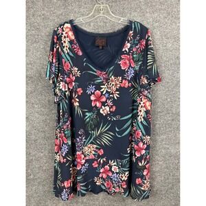French Blue Floral Mesh Top Women 2X Navy Pink Excellent‎ Flutter Sleeve V-Neck